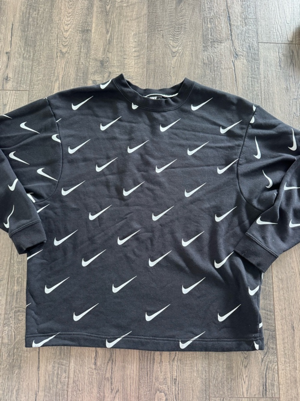 Nike Black Crewneck with White Swoosh Allover Print